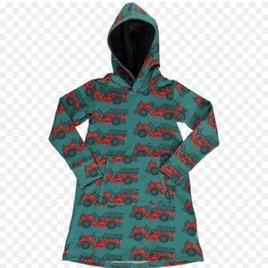 Maxomorra Teal Old Fashioned Firetruck Hooded Dress Sz 110/116 cm